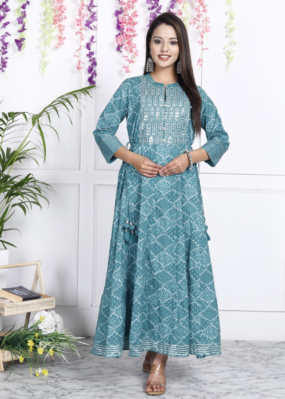 Green Flared Long Anarkali Kurta-110006