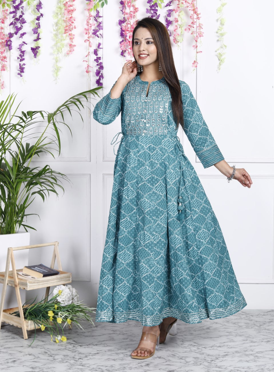 Green Flared Long Anarkali Kurta-110006