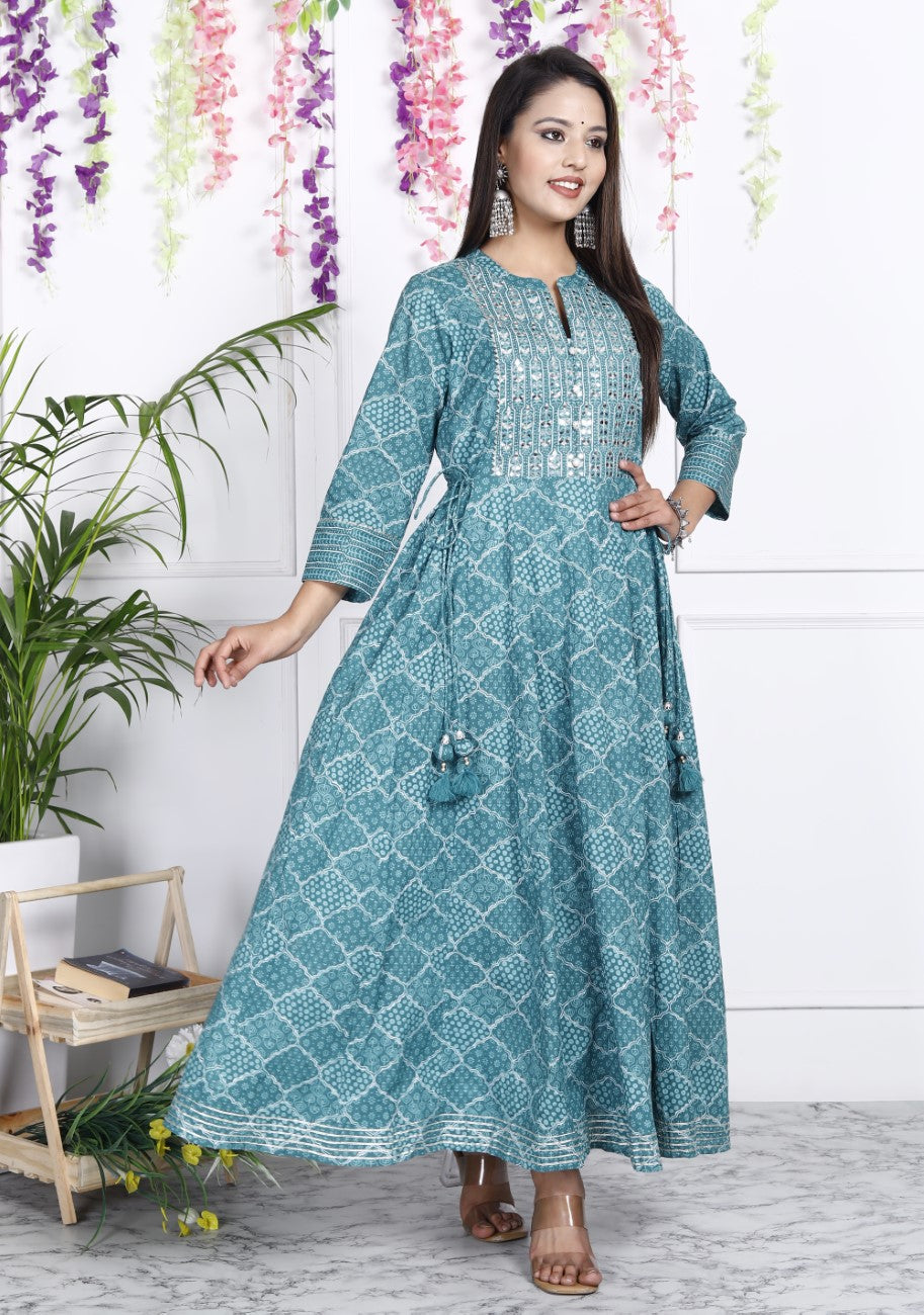 Green Flared Long Anarkali Kurta-110006
