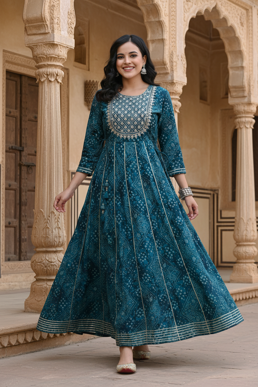 Green Flared Long Anarkali Kurta-1100001