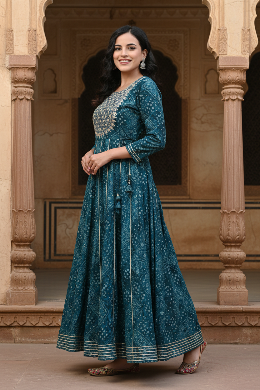 Green Flared Long Anarkali Kurta-1100001