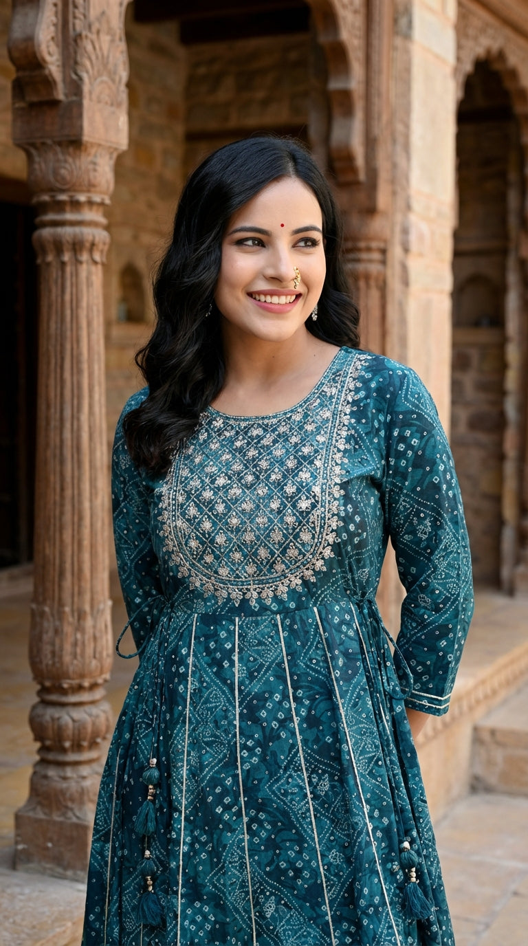 Green Flared Long Anarkali Kurta-1100001