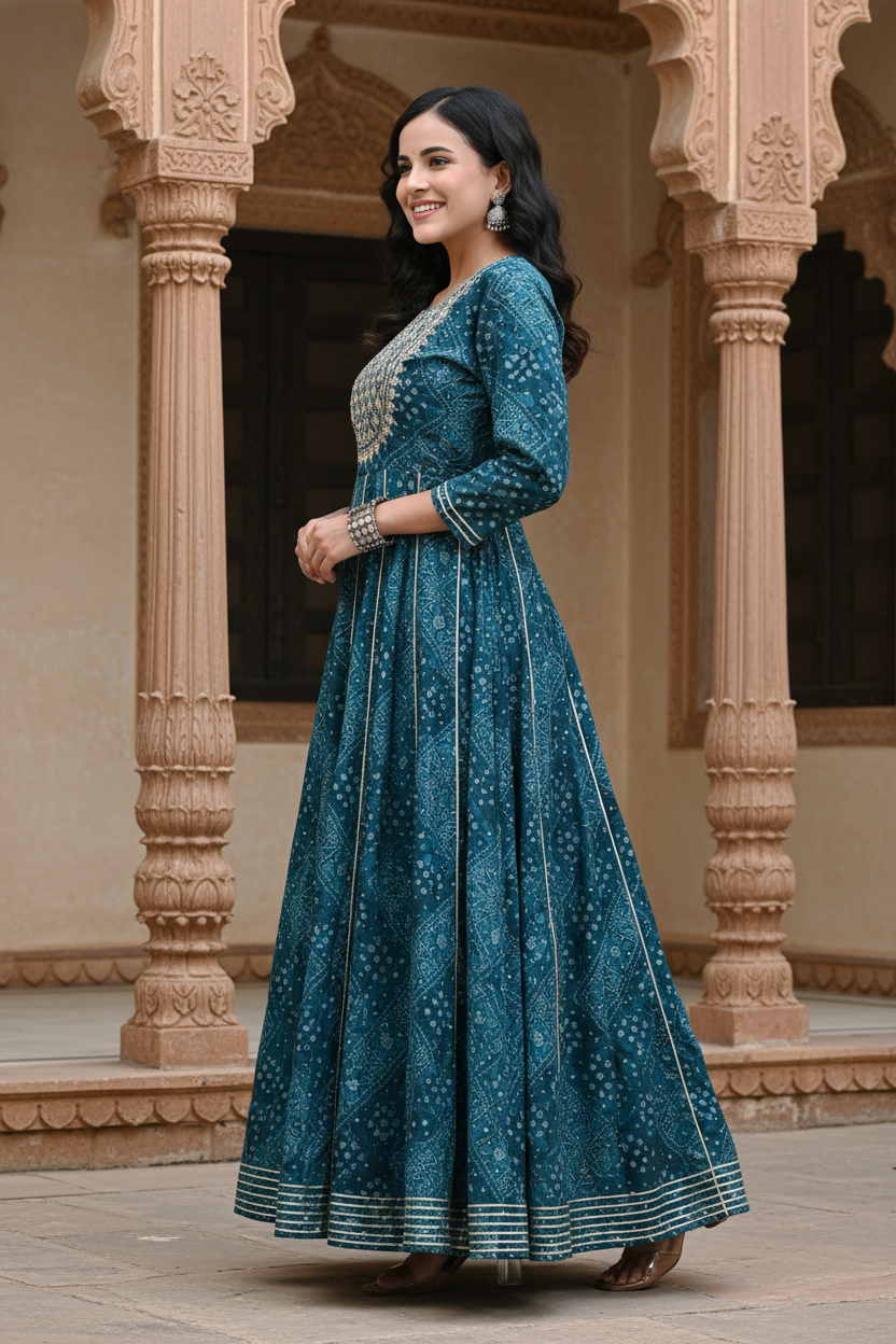Green Flared Long Anarkali Kurta-1100001