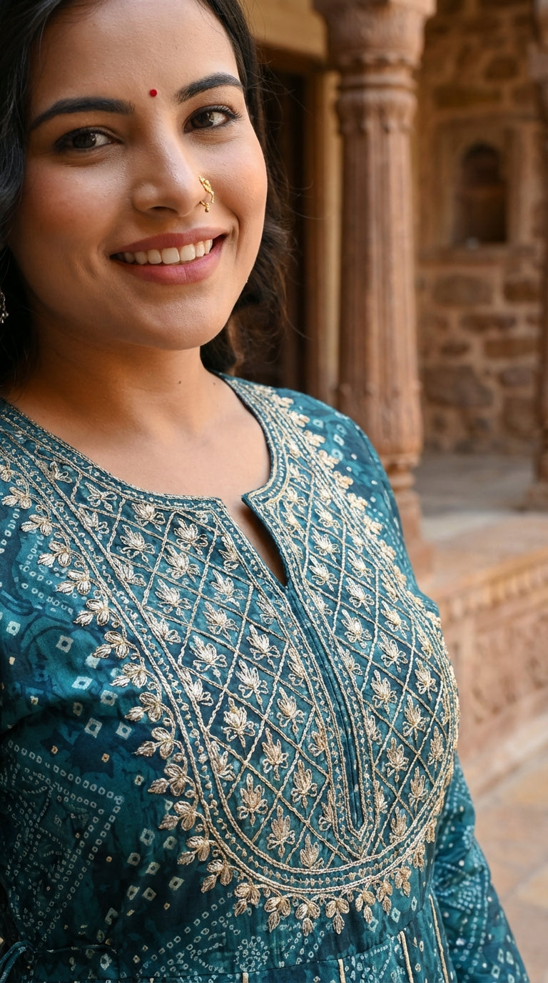 Green Flared Long Anarkali Kurta-1100001