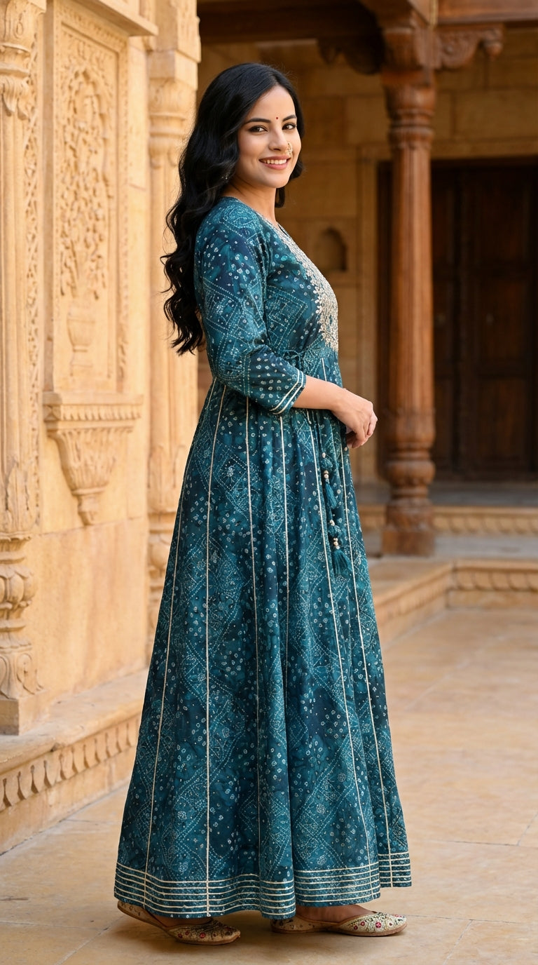 Green Flared Long Anarkali Kurta-1100001