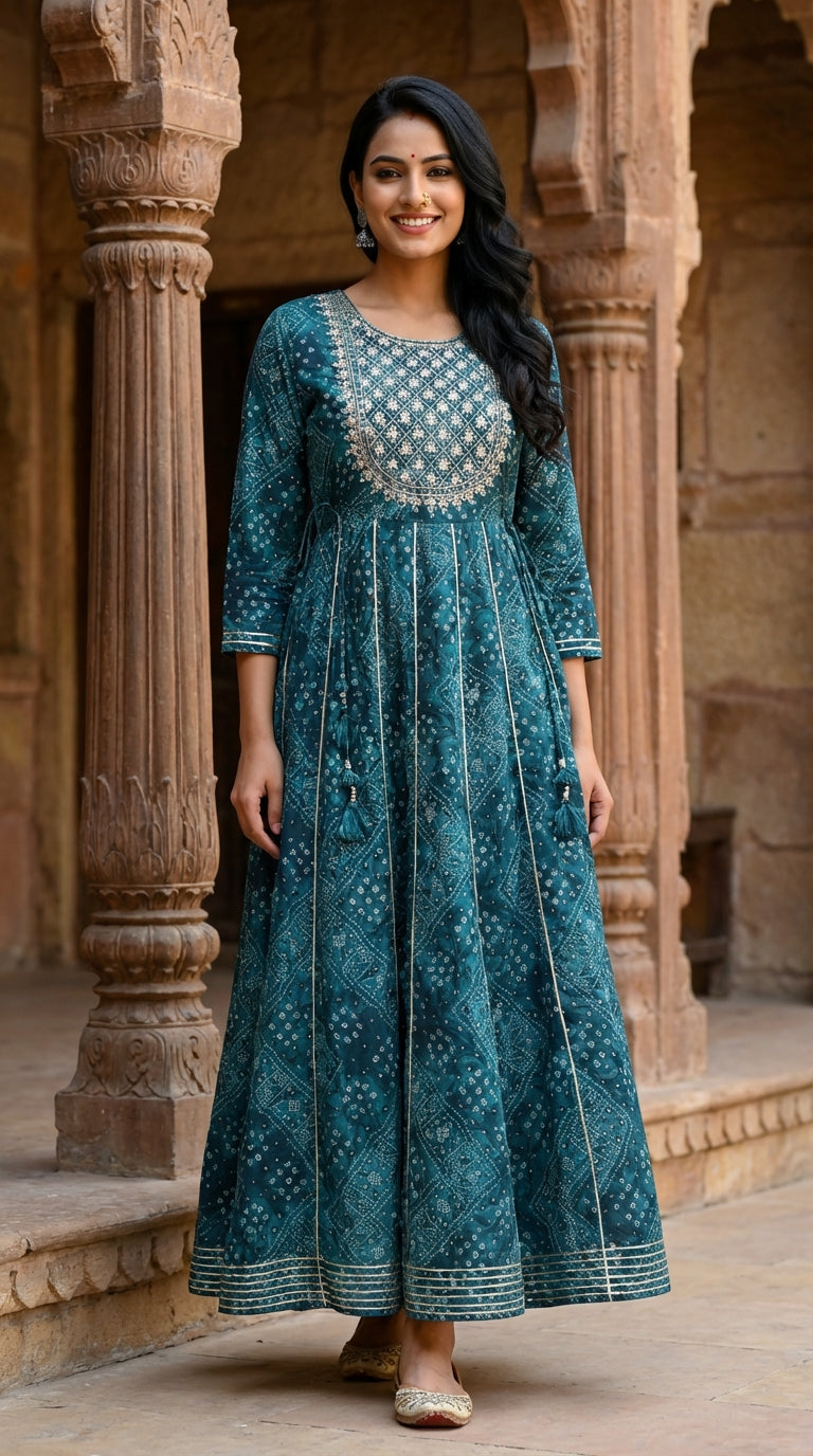 Green Flared Long Anarkali Kurta-1100001