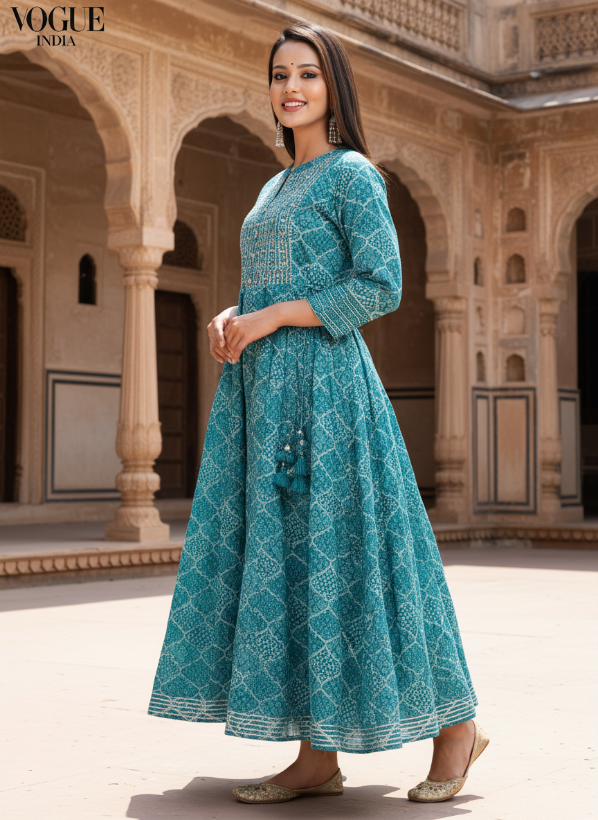 Green Flared Long Anarkali Kurta-110006