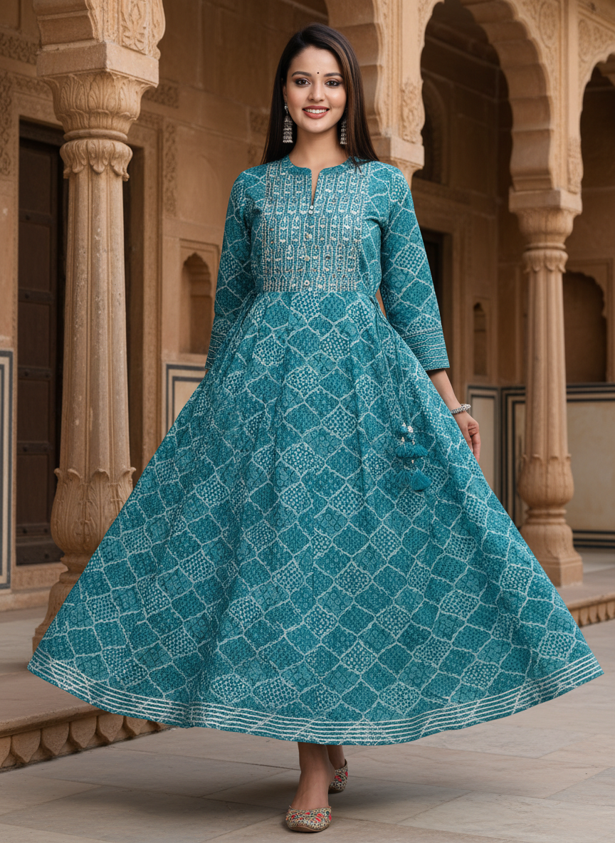 Green Flared Long Anarkali Kurta-110006
