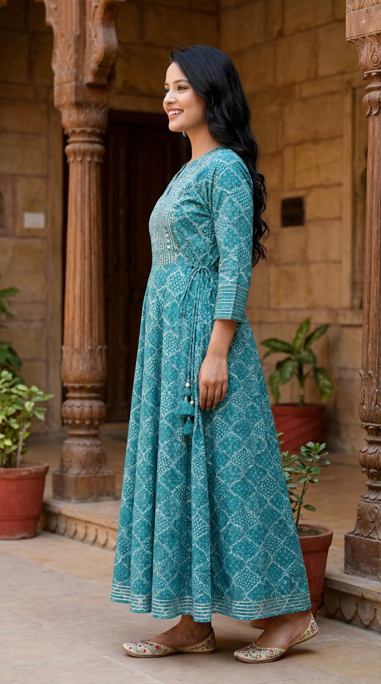 Green Flared Long Anarkali Kurta-110006