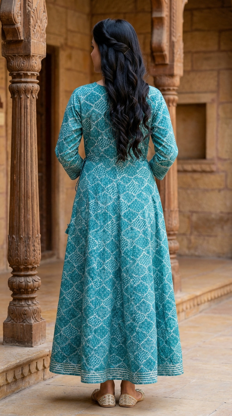 Green Flared Long Anarkali Kurta-110006