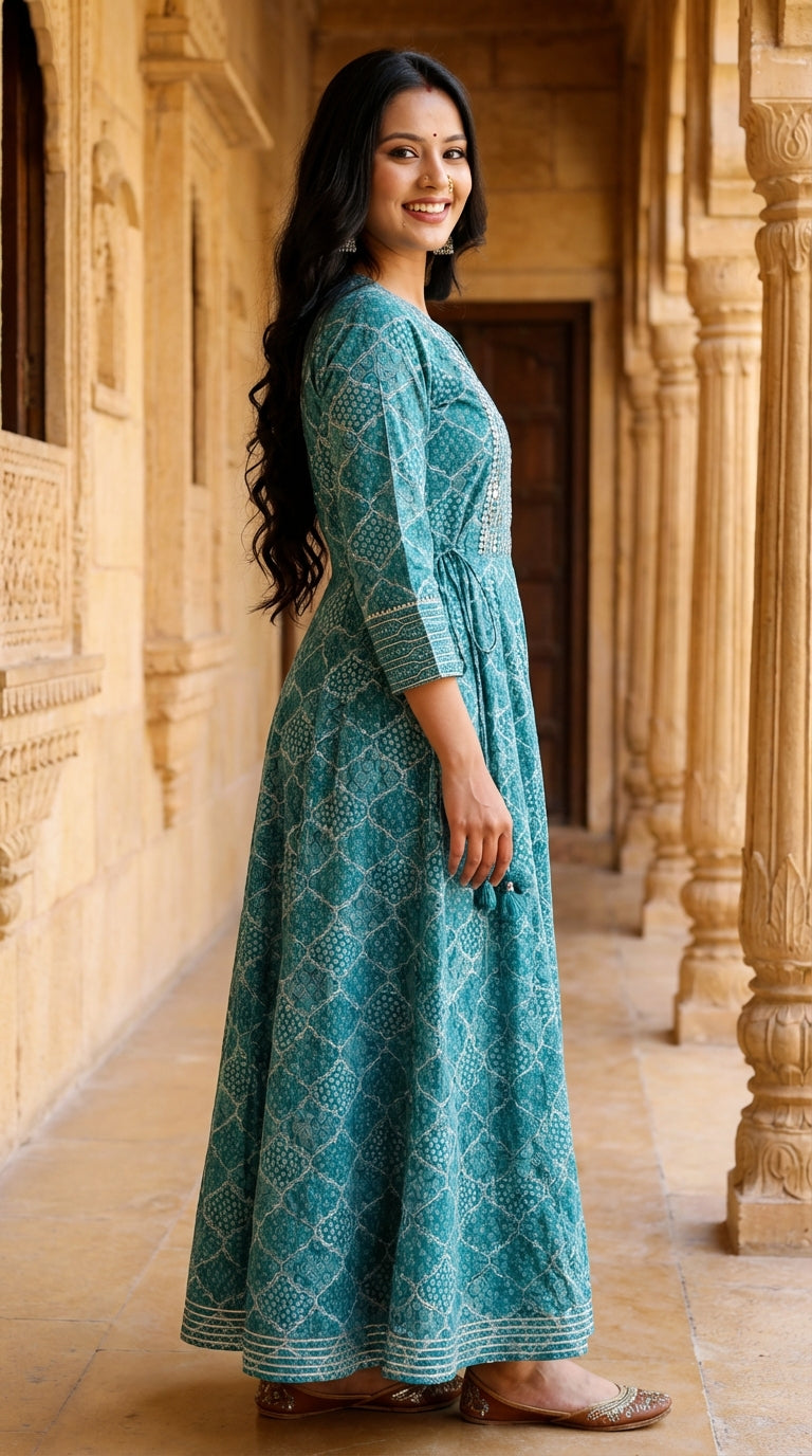 Green Flared Long Anarkali Kurta-110006