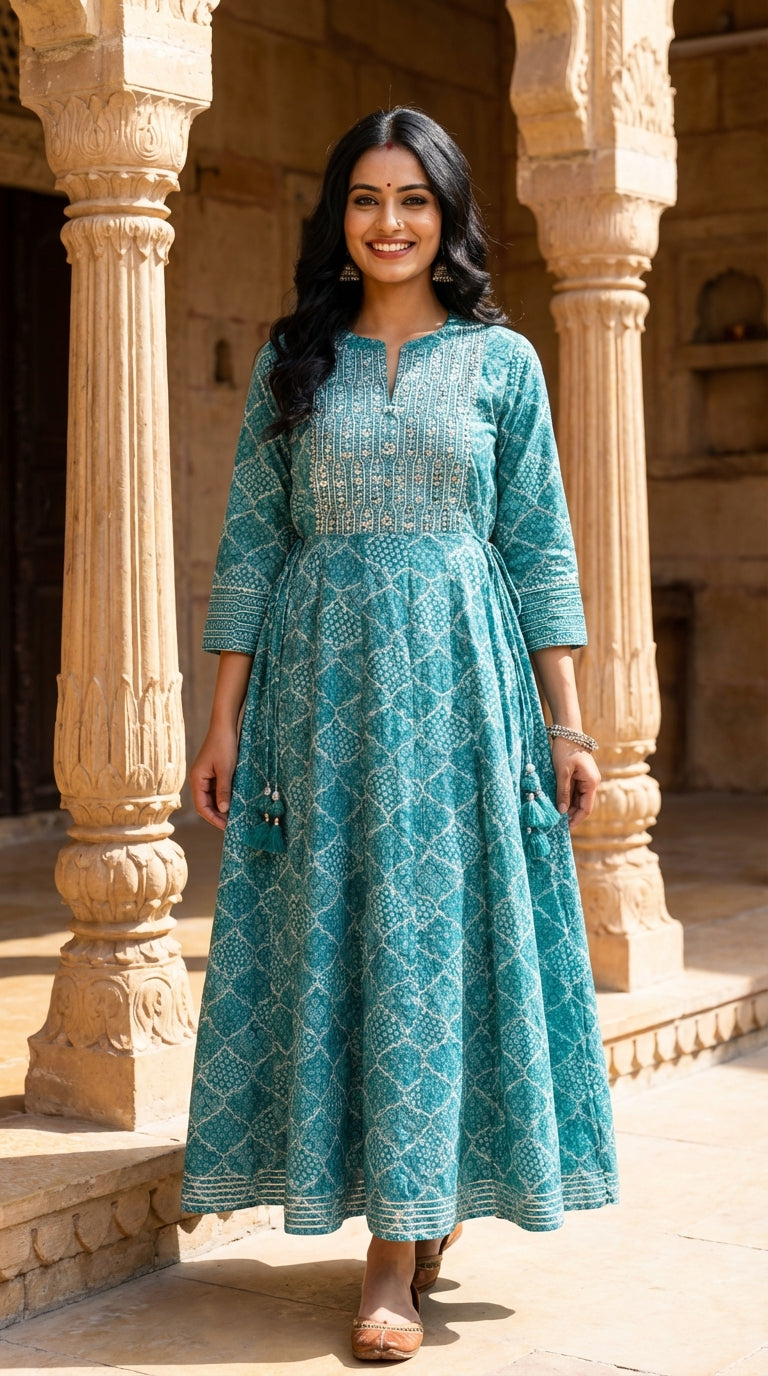 Green Flared Long Anarkali Kurta-110006