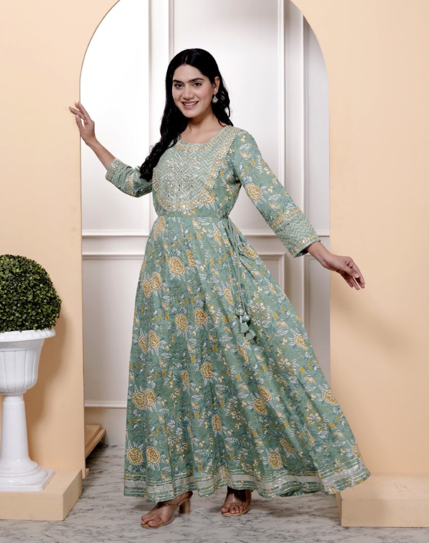 Green Flared Long Anarkali Kurta-1100027