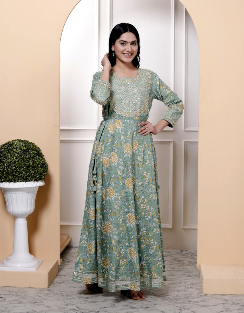 Green Flared Long Anarkali Kurta-1100027