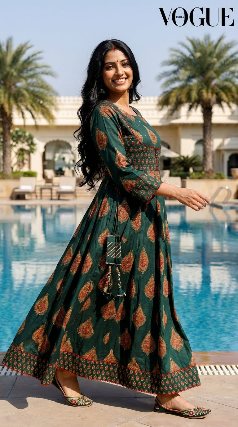 Green Flared Long Anarkali Kurta-1100031