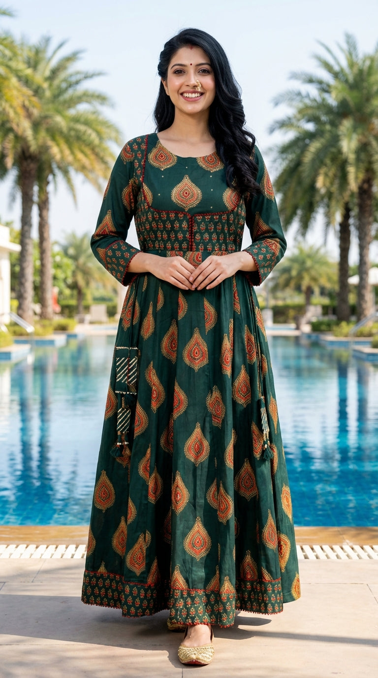 Green Flared Long Anarkali Kurta-1100031