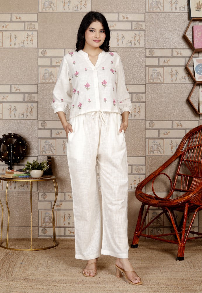 White Cotton Co-ord Set-120055