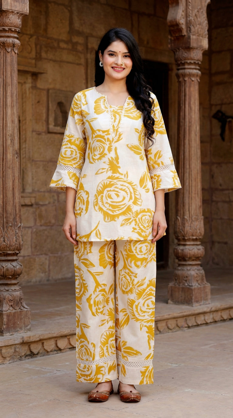 Yellow Cotton Co-ord Set-121011