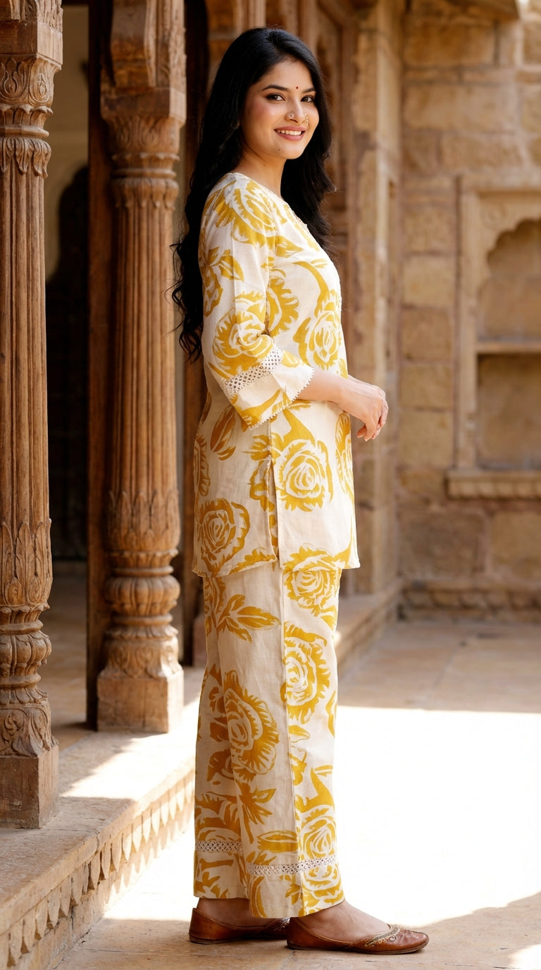 Yellow Cotton Co-ord Set-121011