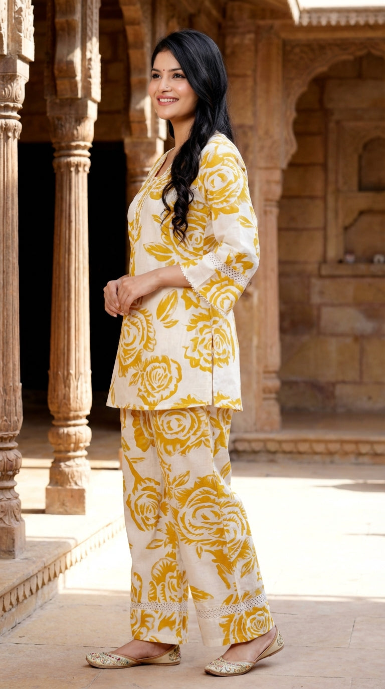 Yellow Cotton Co-ord Set-121011