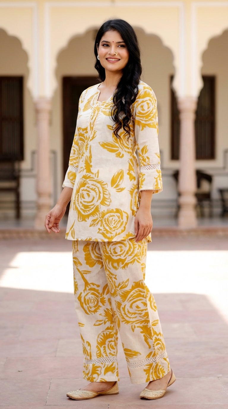 Yellow Cotton Co-ord Set-121011