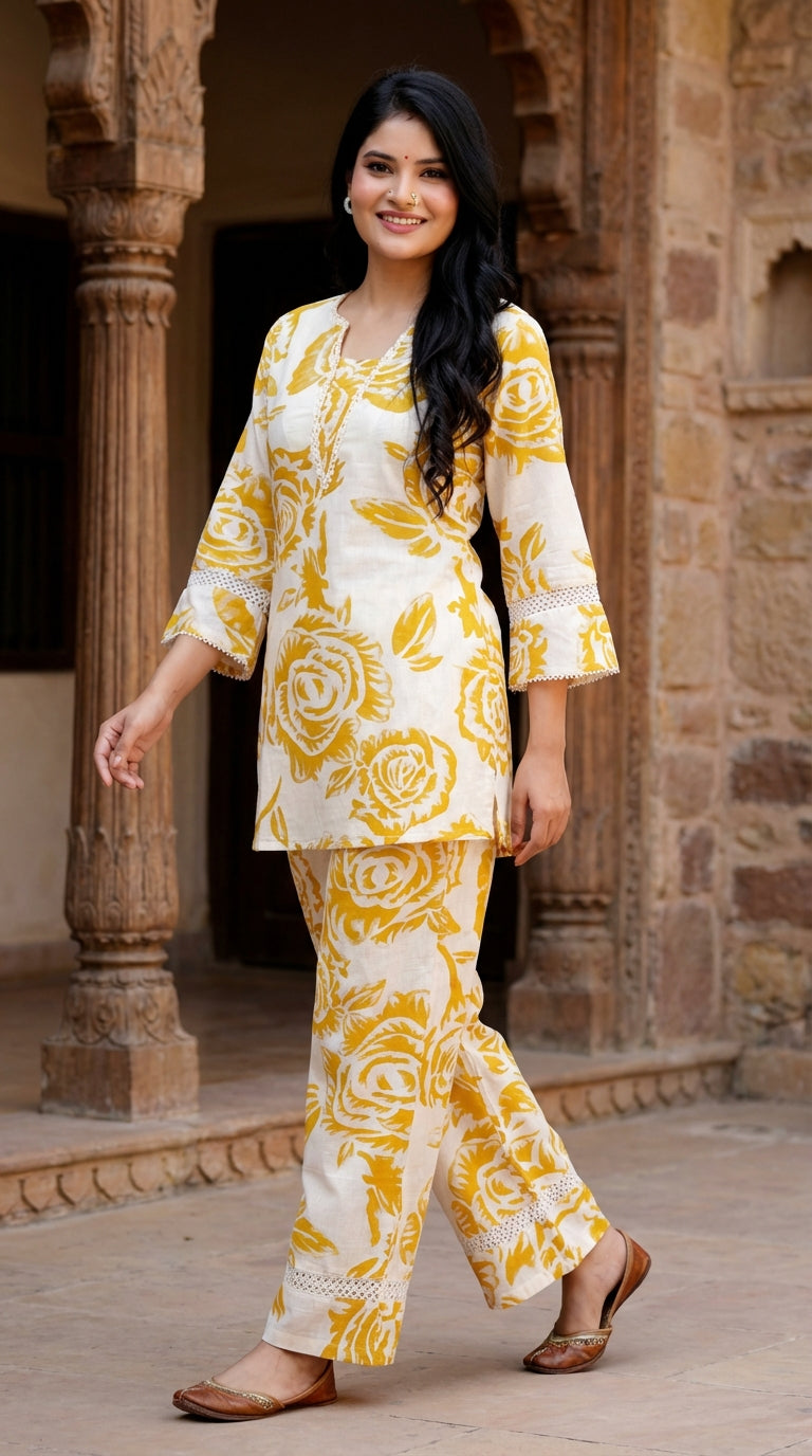Yellow Cotton Co-ord Set-121011