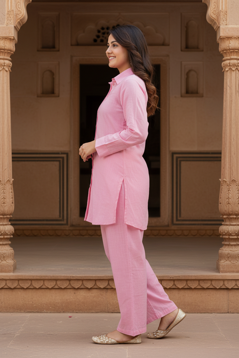 Regular Size Pink Cotton Solid Co-ord-121012