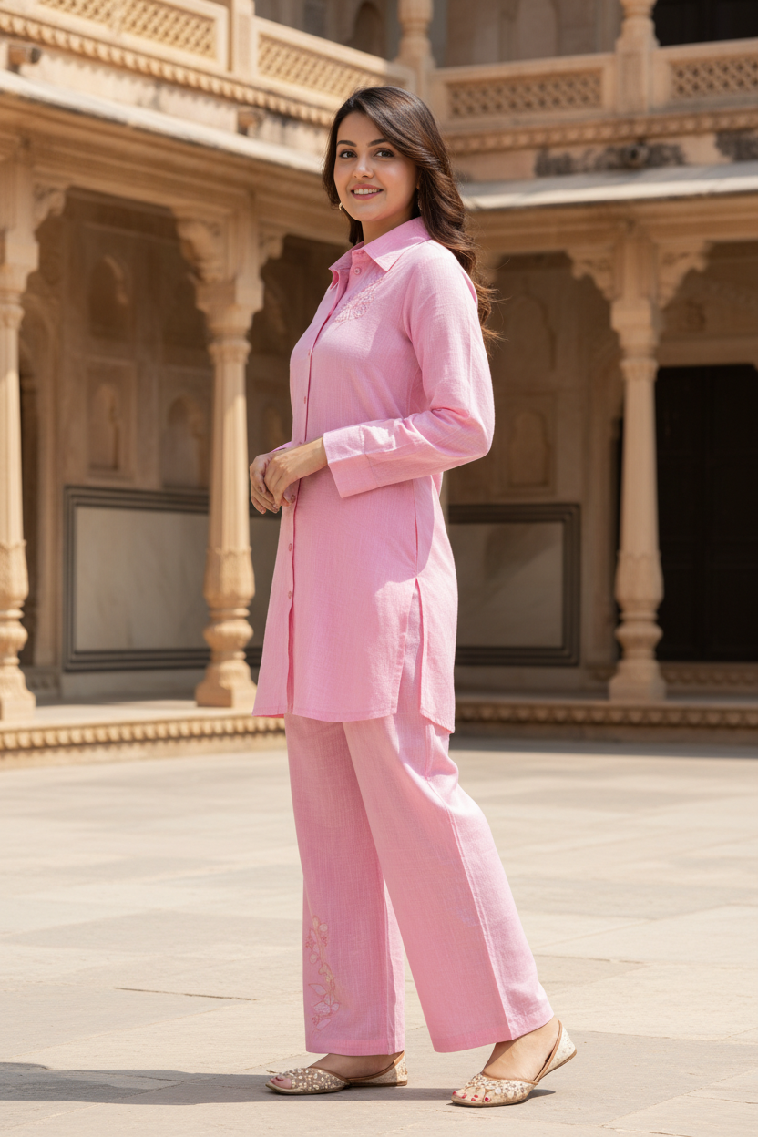 Regular Size Pink Cotton Solid Co-ord-121012