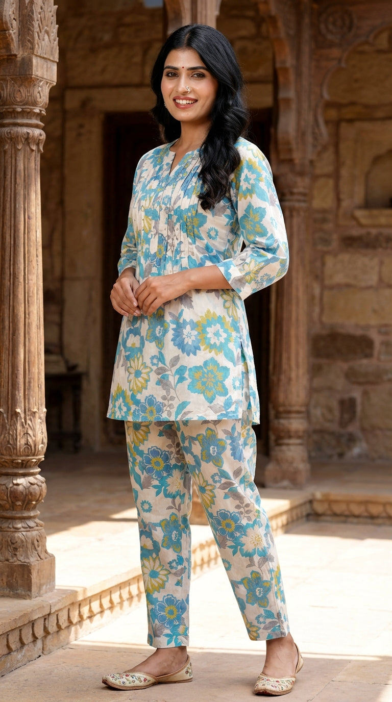 Blue Cotton Co-ord Set-121018