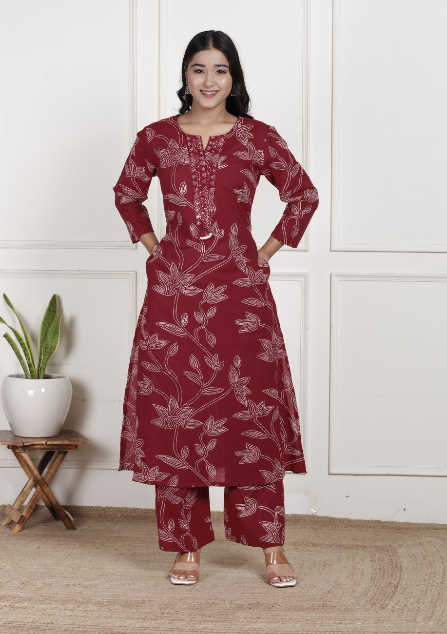 Maroon Cotton Co-ord Set-121027