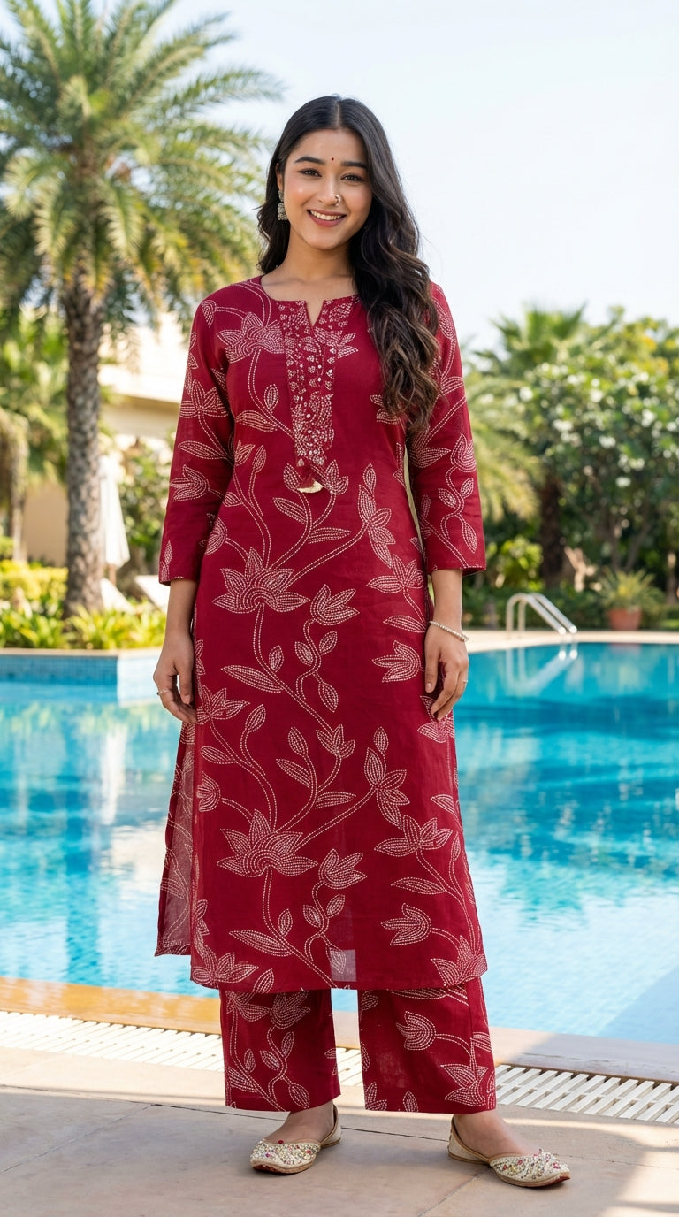 Maroon Cotton Co-ord Set-121027