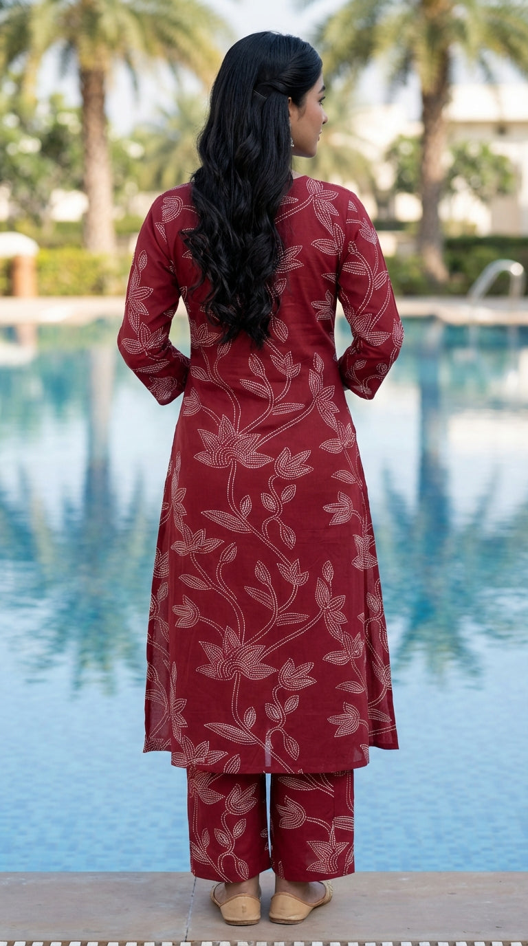 Maroon Cotton Co-ord Set-121027