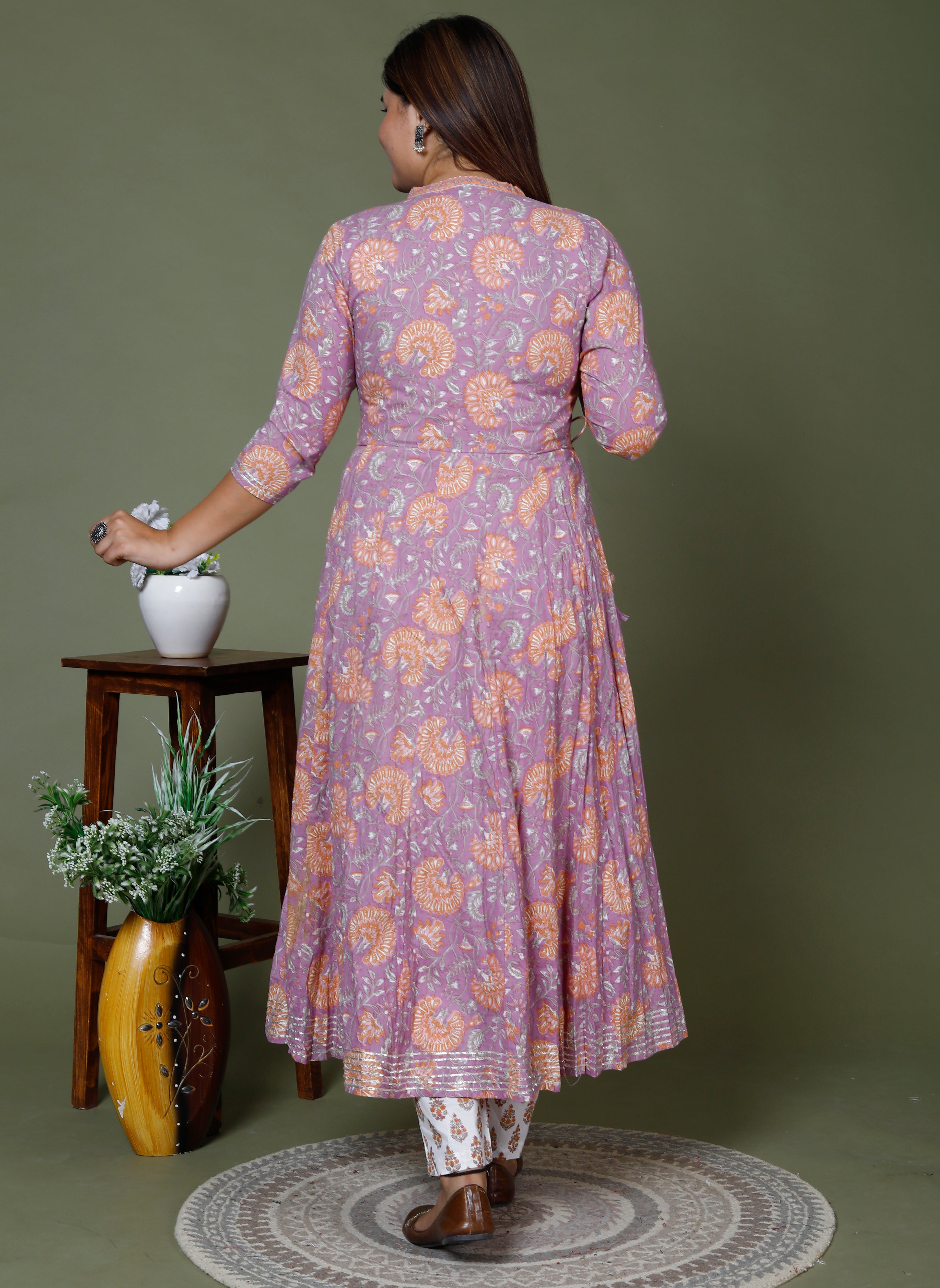 Purple Cotton Anarkali Kurta Pant Set with Dupatta-2379