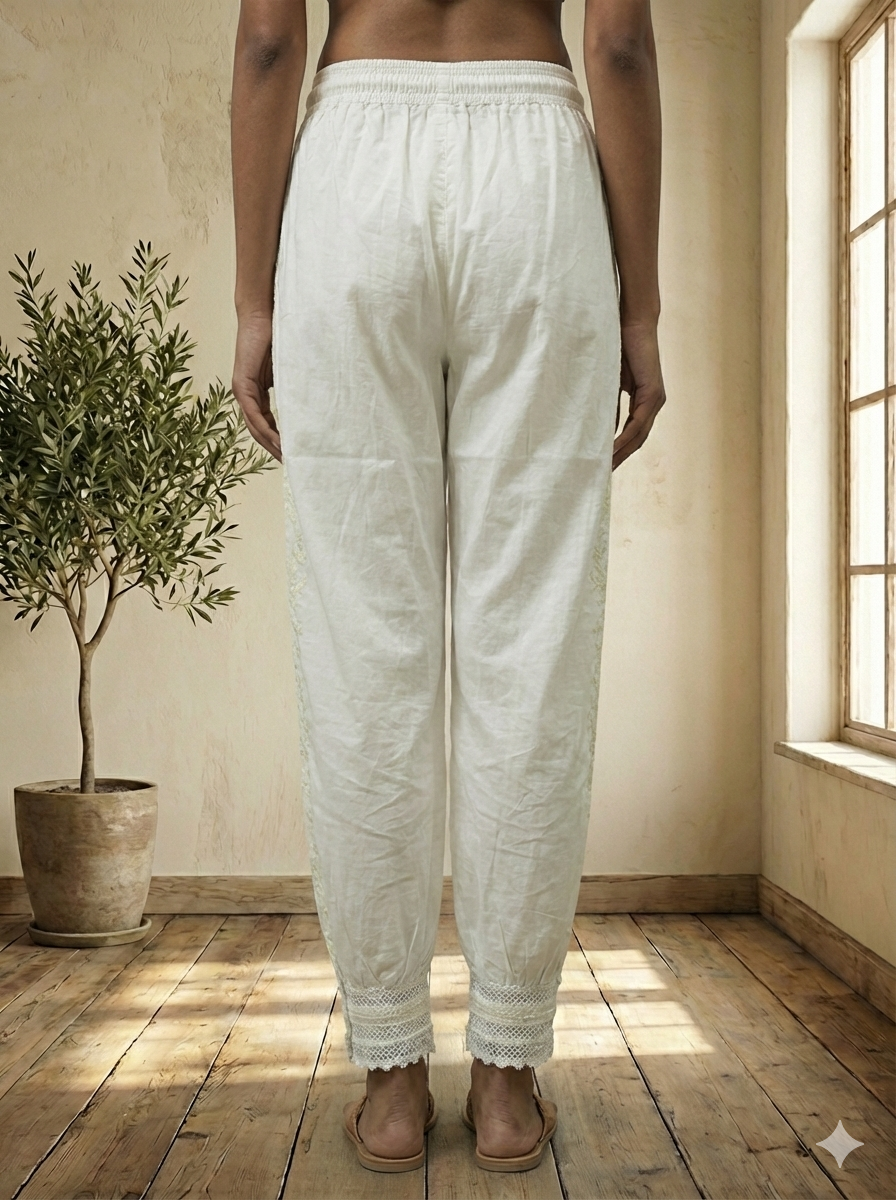 White Cotton Embroidered Pants for Women | Comfortable Ethnic Bottom Wear