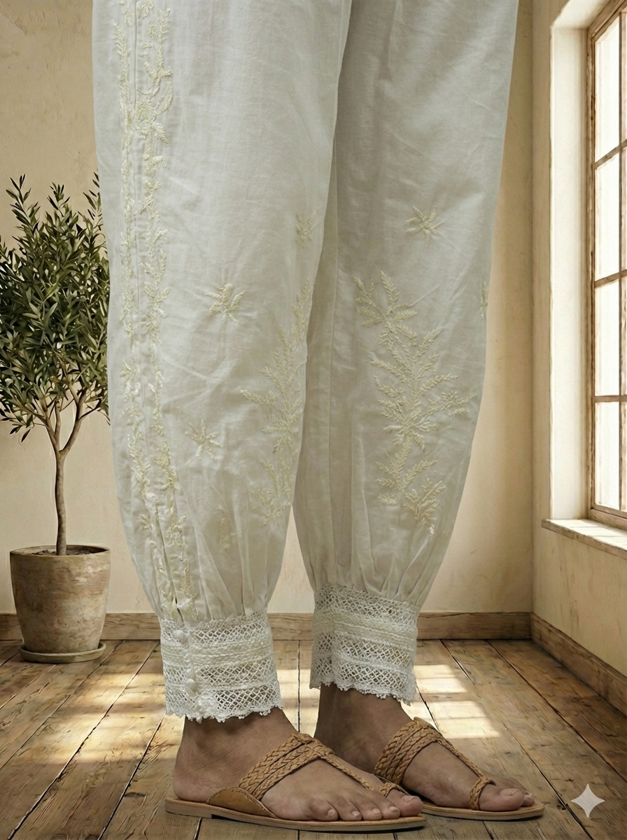 White Cotton Embroidered Pants for Women | Comfortable Ethnic Bottom Wear