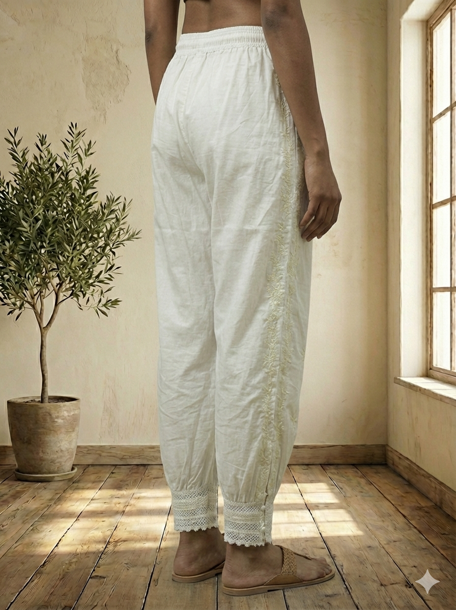 White Cotton Embroidered Pants for Women | Comfortable Ethnic Bottom Wear