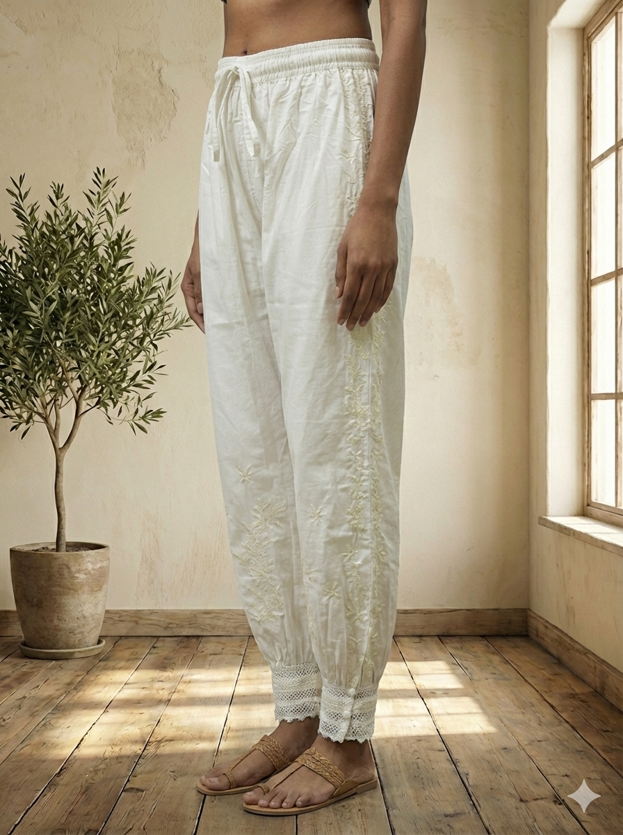 White Cotton Embroidered Pants for Women | Comfortable Ethnic Bottom Wear