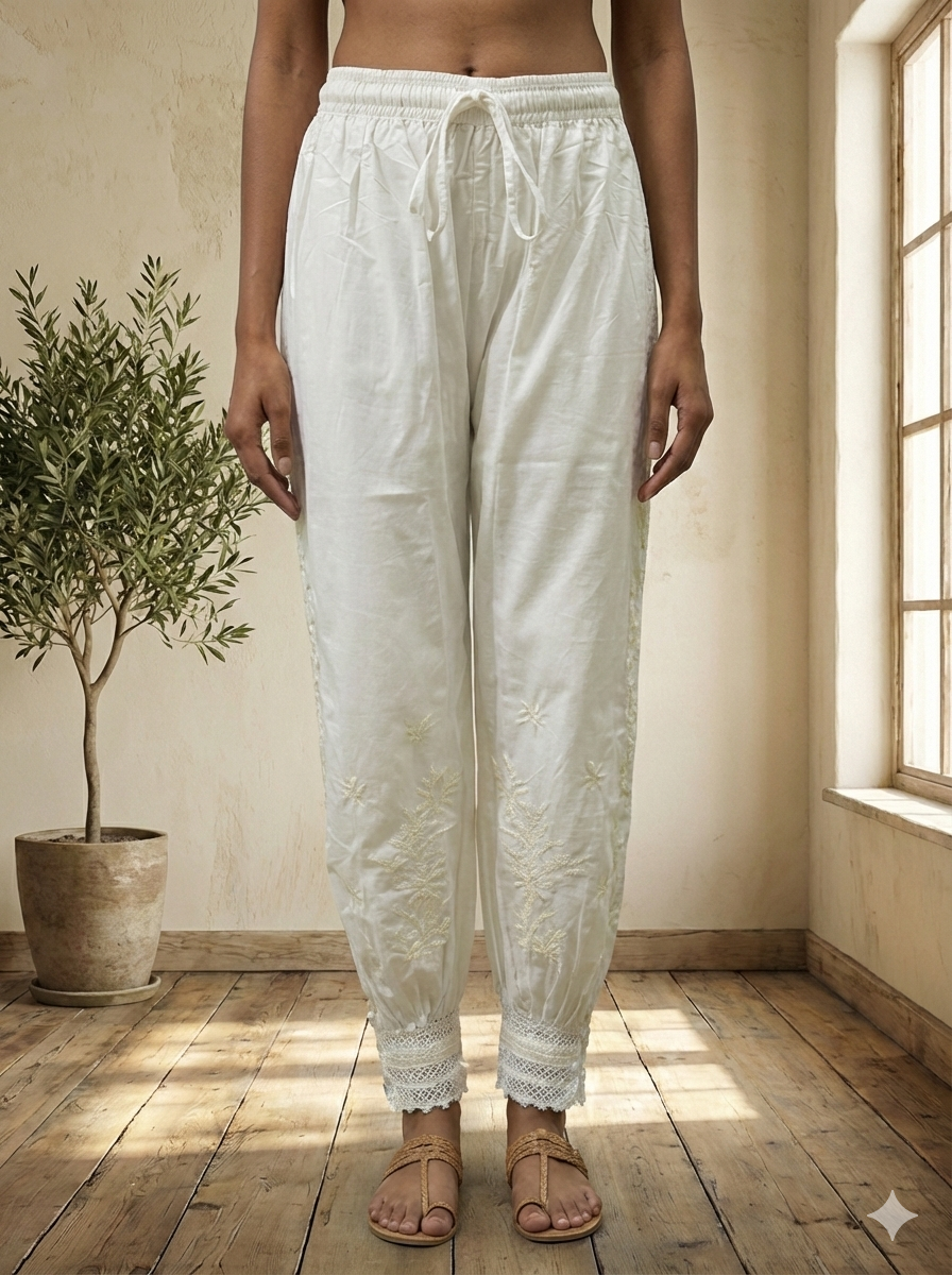 White Cotton Embroidered Pants for Women | Comfortable Ethnic Bottom Wear