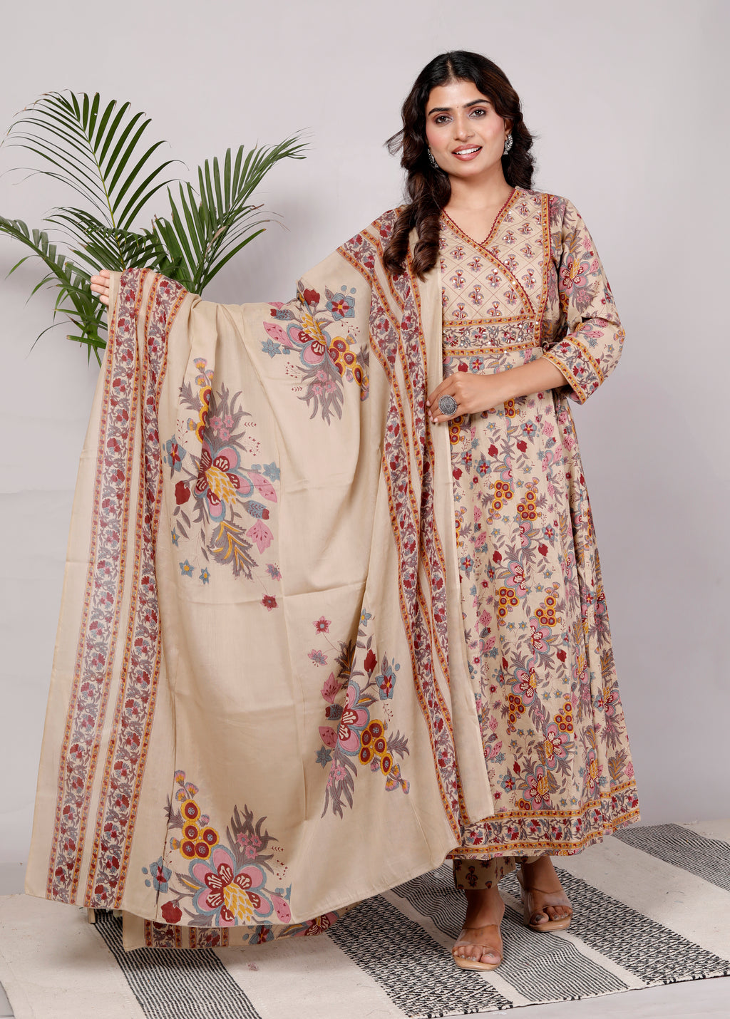 Mustard Cotton Anarkali Kurta Pant Set with Dupatta-250112