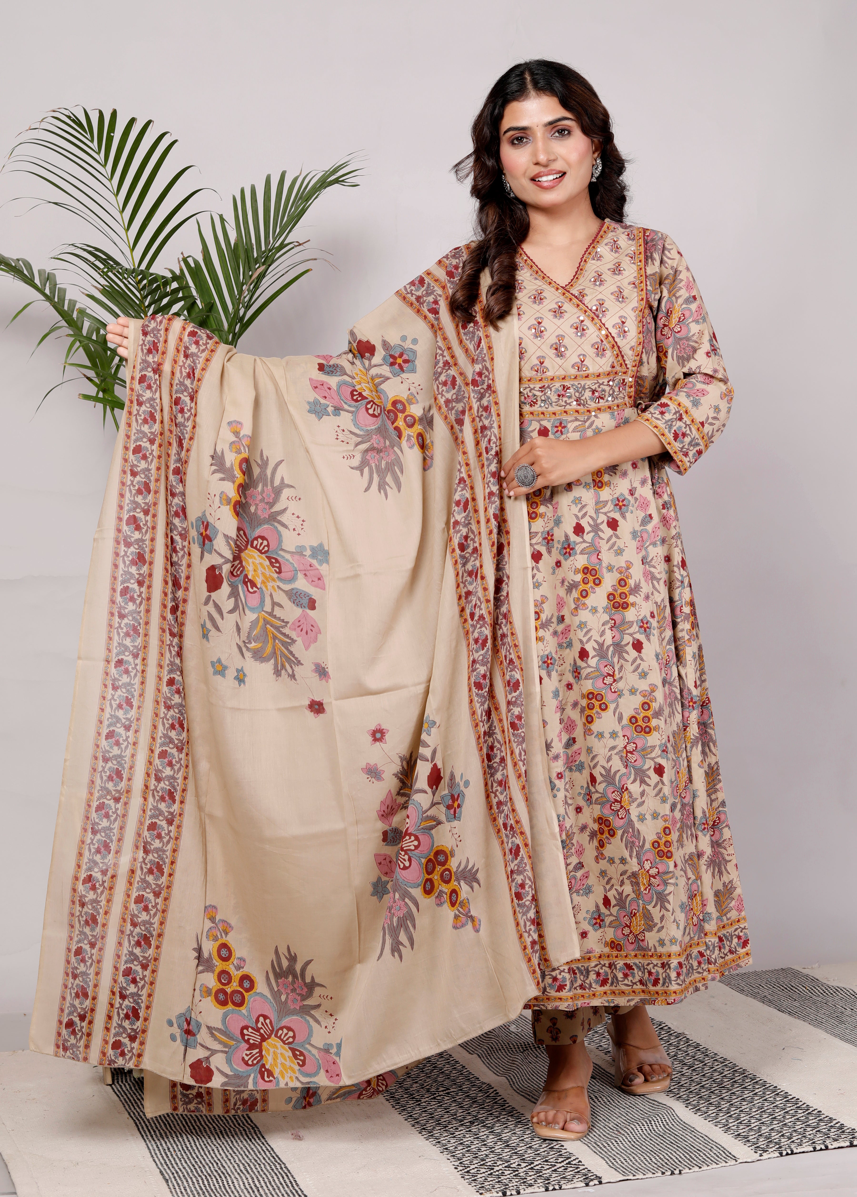 Mustard Cotton Anarkali Kurta Pant Set with Dupatta-250112