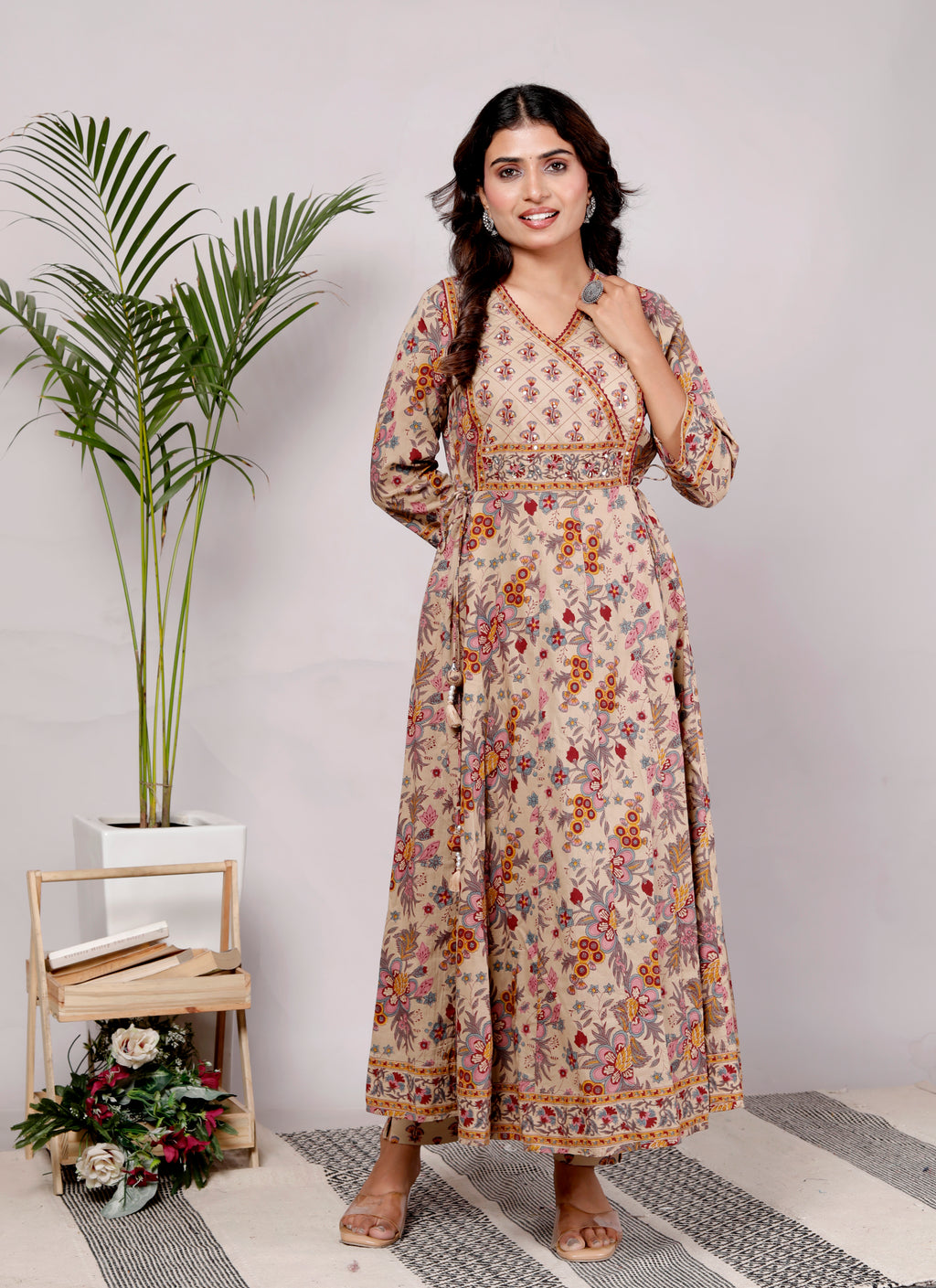 Mustard Cotton Anarkali Kurta Pant Set with Dupatta-250112