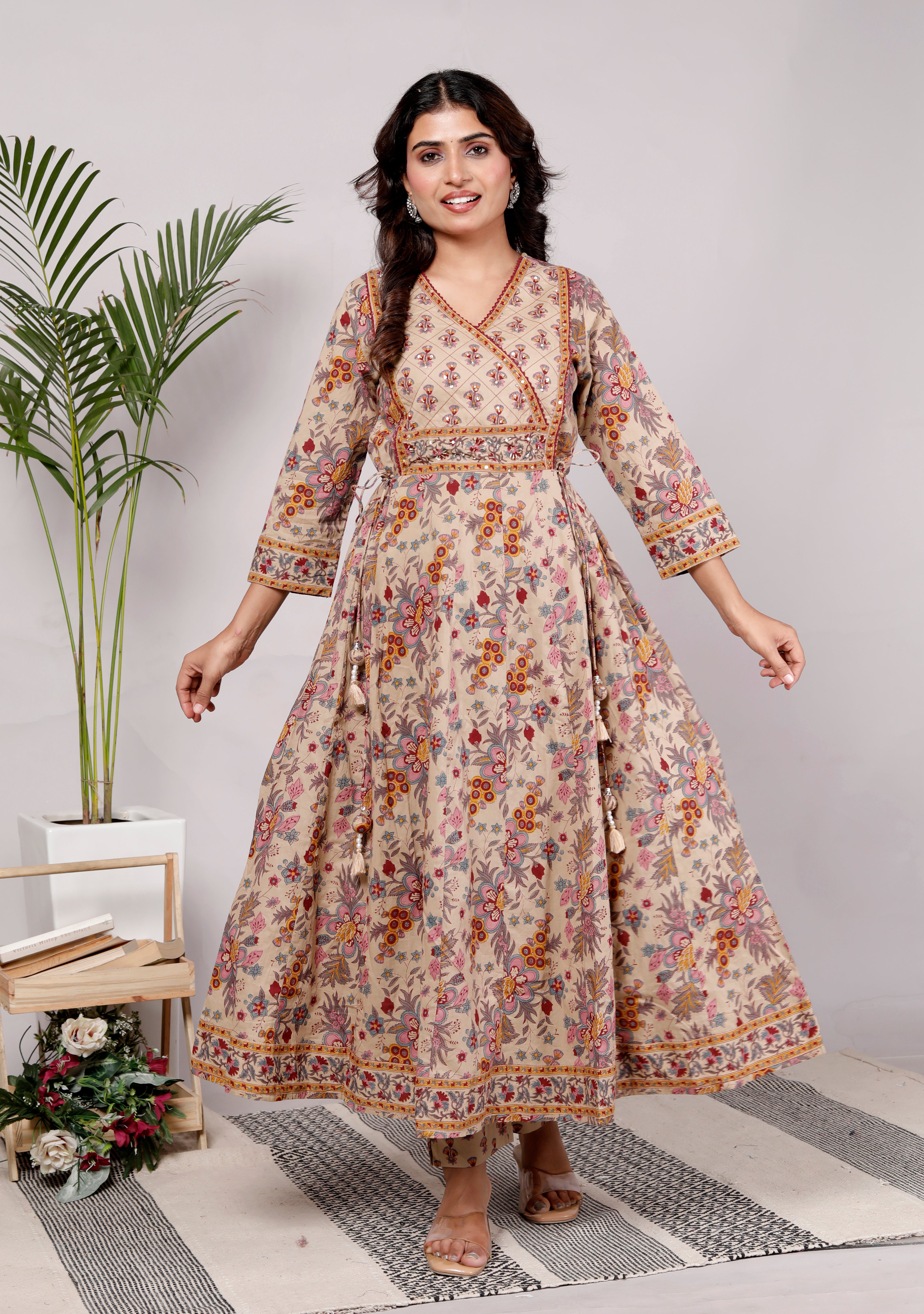 Mustard Cotton Anarkali Kurta Pant Set with Dupatta-250112