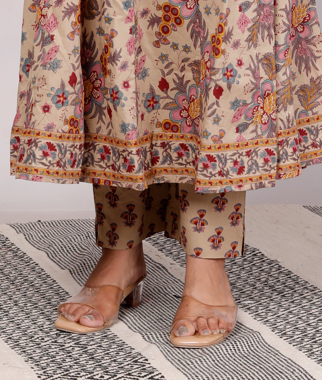 Mustard Cotton Anarkali Kurta Pant Set with Dupatta-250112