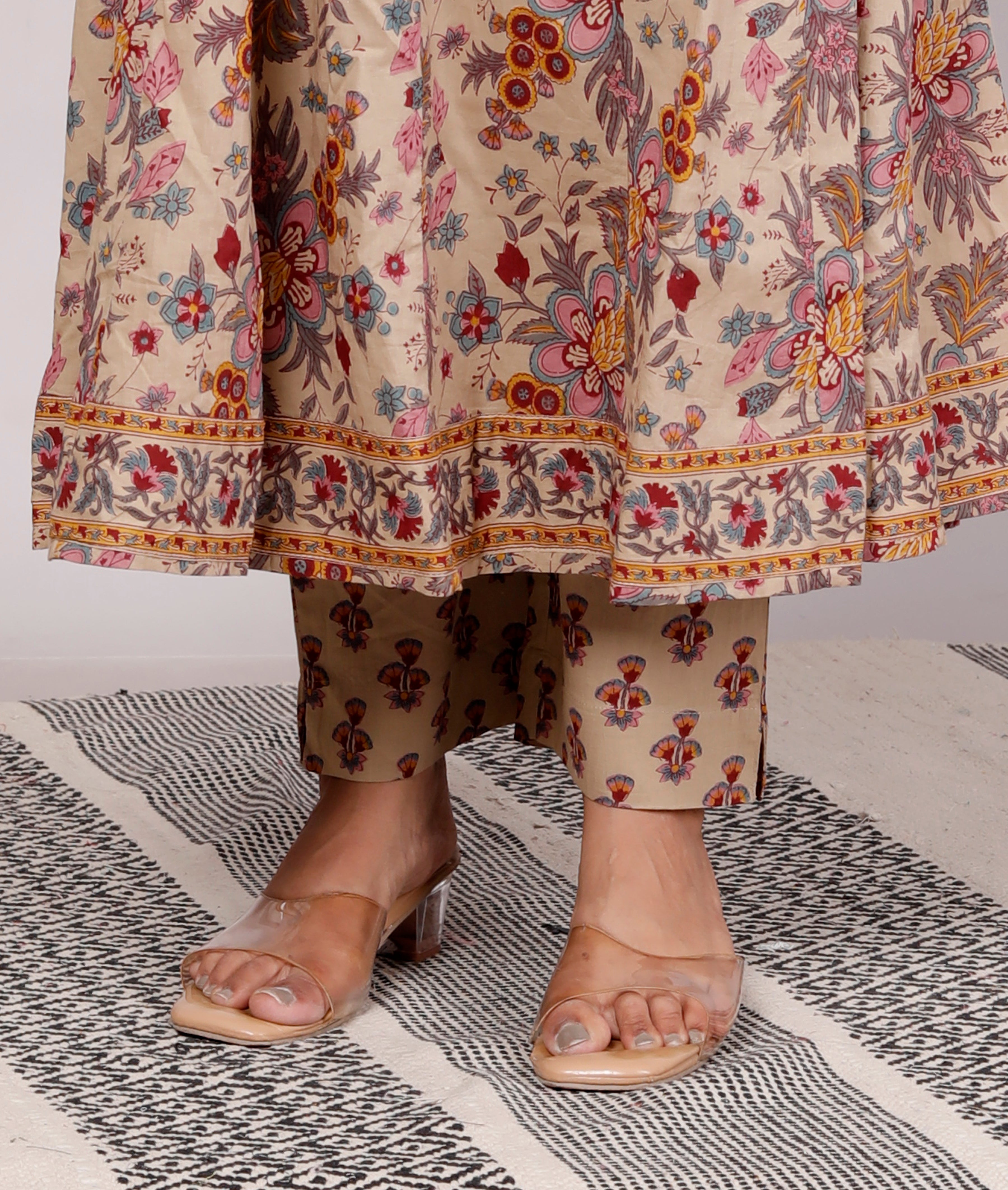 Mustard Cotton Anarkali Kurta Pant Set with Dupatta-250112