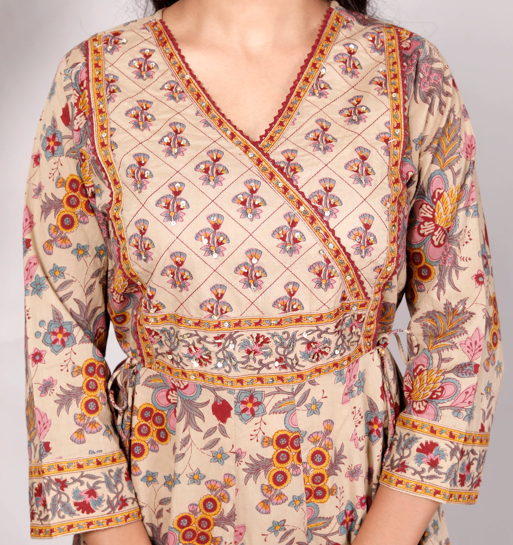 Mustard Cotton Anarkali Kurta Pant Set with Dupatta-250112