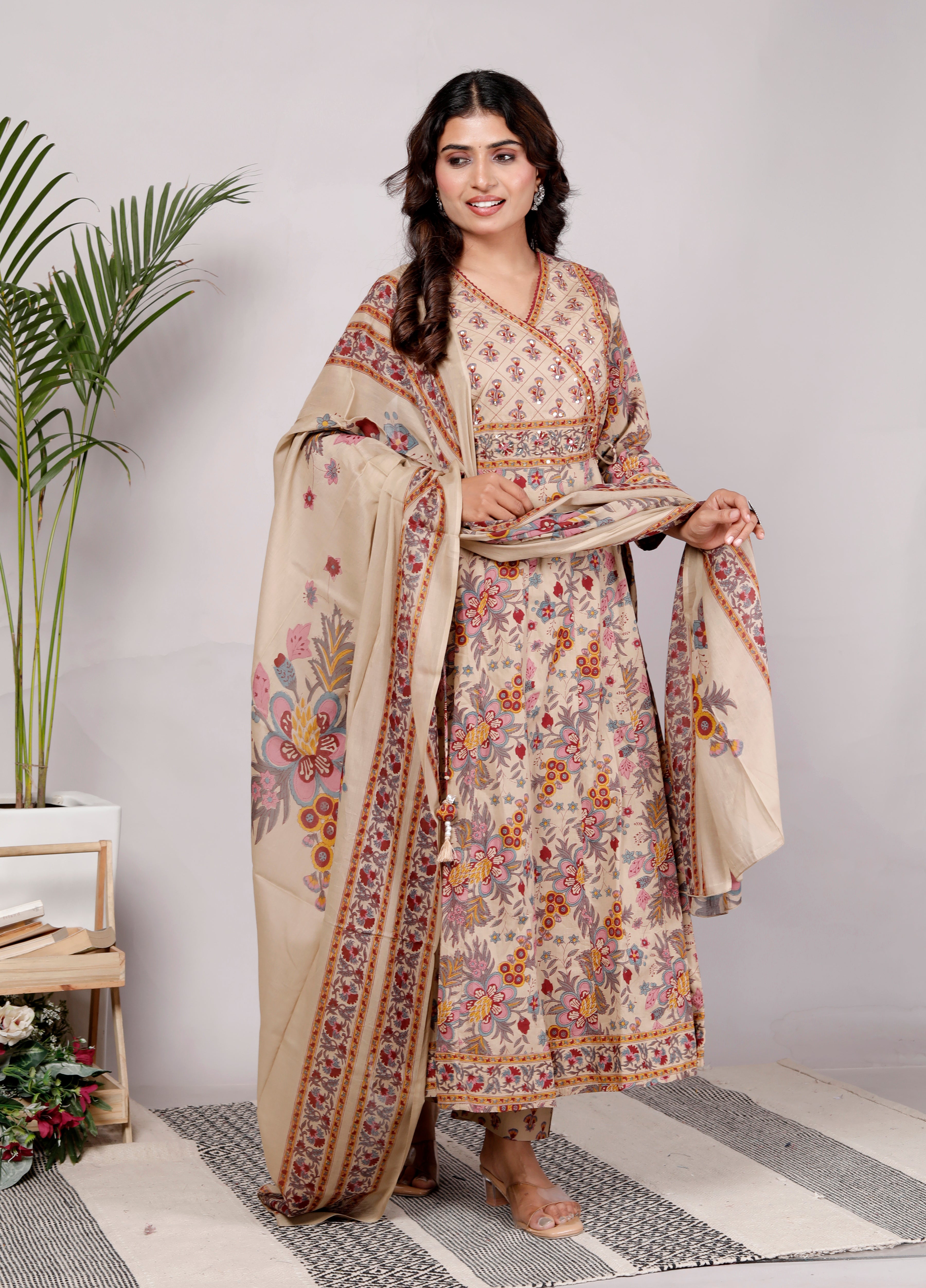 Mustard Cotton Anarkali Kurta Pant Set with Dupatta-250112