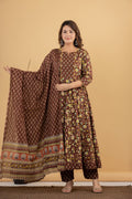 Brown Cotton Anarkali Kurta Pant Set with Dupatta-250116