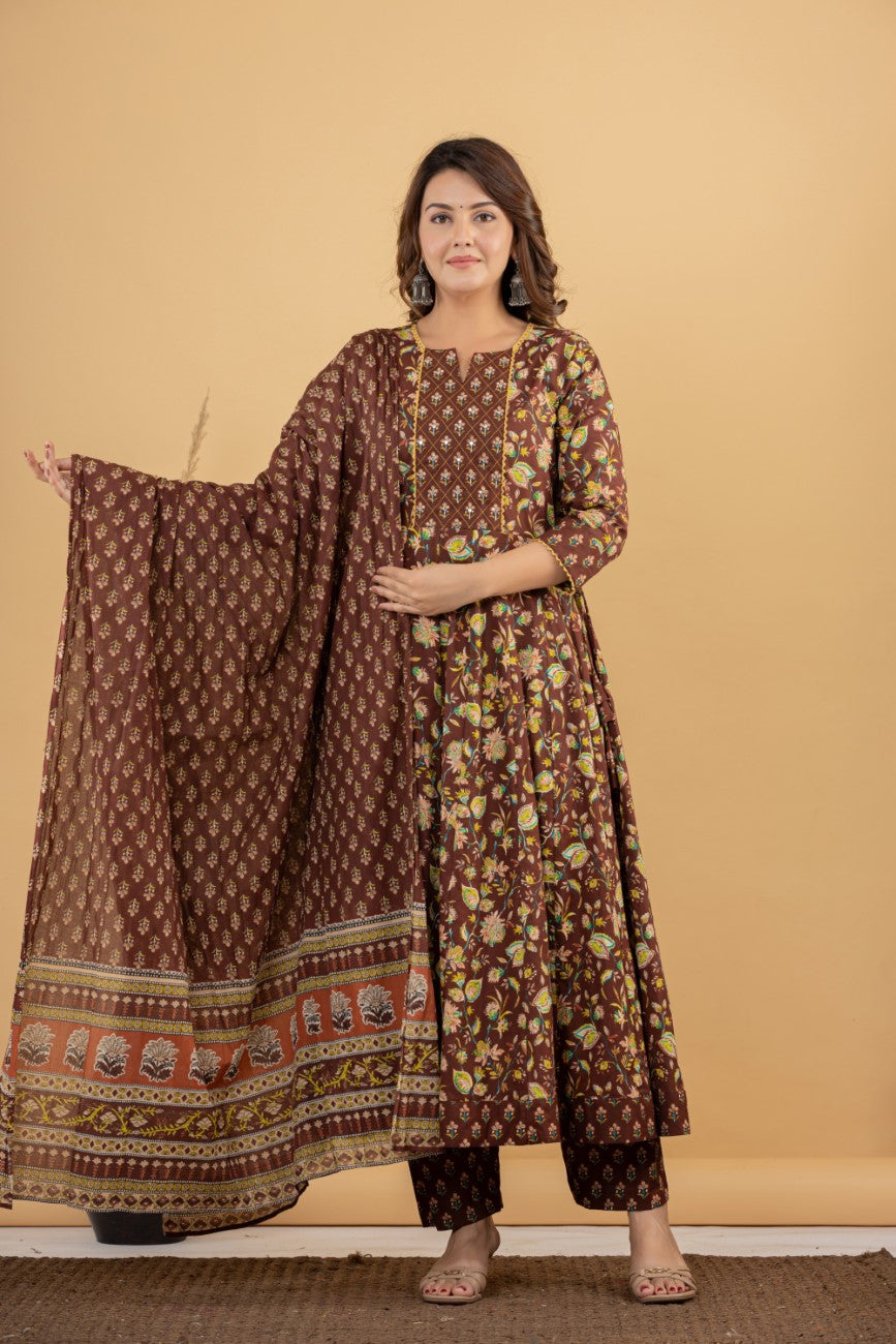 Brown Cotton Anarkali Kurta Pant Set with Dupatta-250116