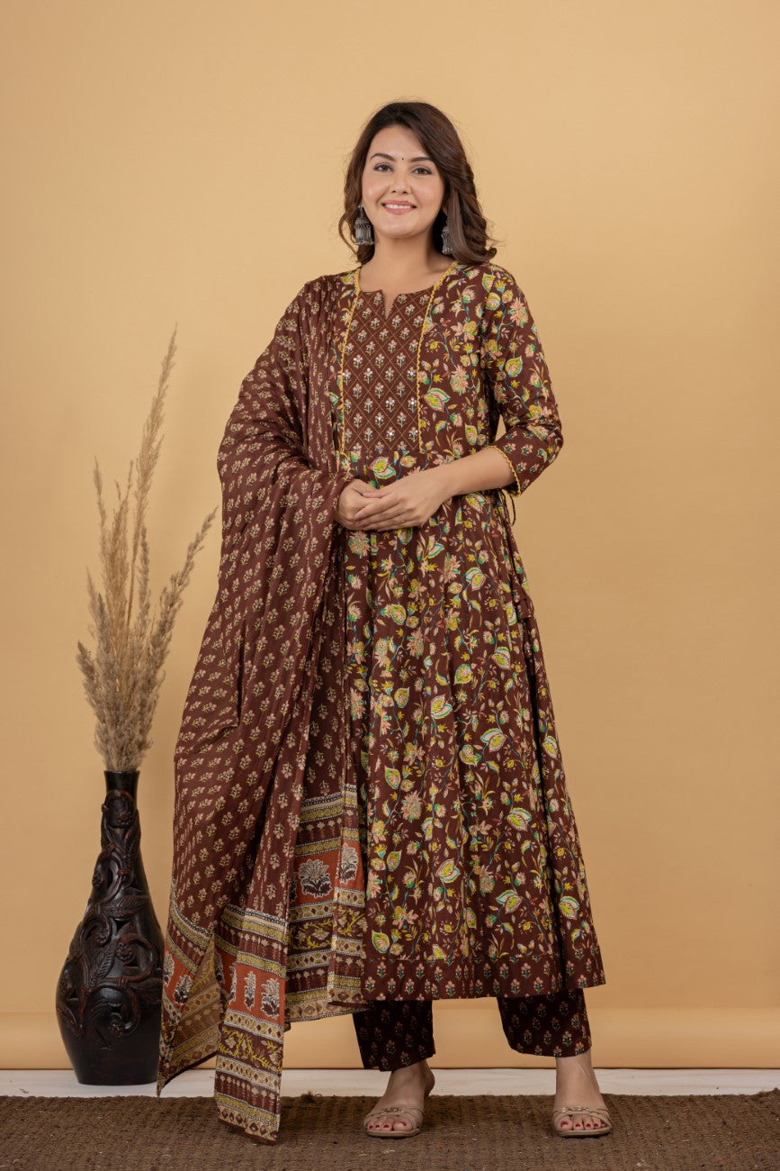 Brown Cotton Anarkali Kurta Pant Set with Dupatta-250116