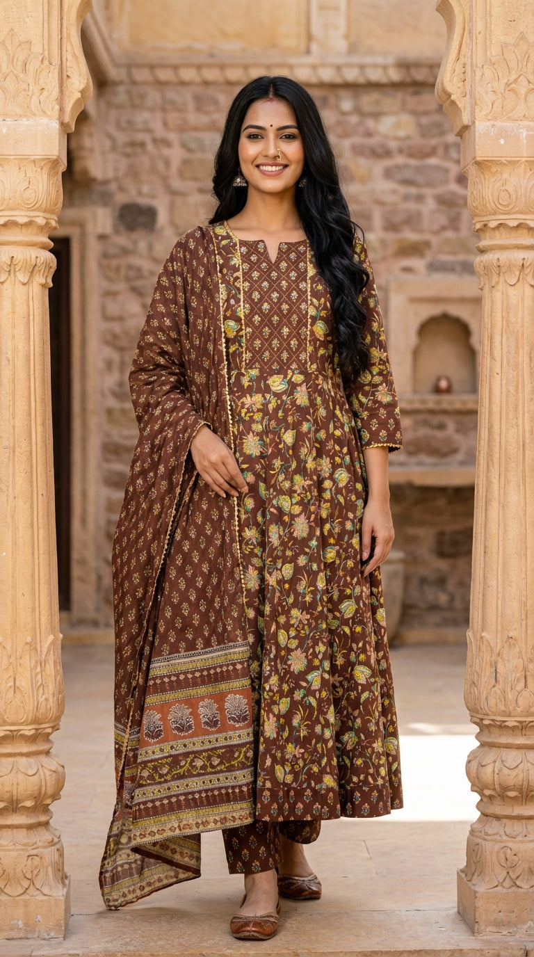 Brown Cotton Anarkali Kurta Pant Set with Dupatta-250116